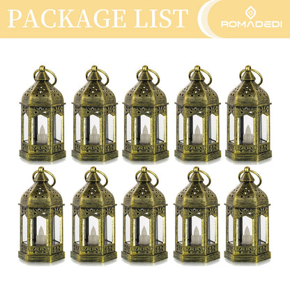 Romadedi Mini Lanterns Decorative for Centerpiece: 10pcs Hanging Small Gold Lantern Bulk with Flickering LED Candles for Wedding Decor Party Table Decorations Christmas Halloween, Batteries Included