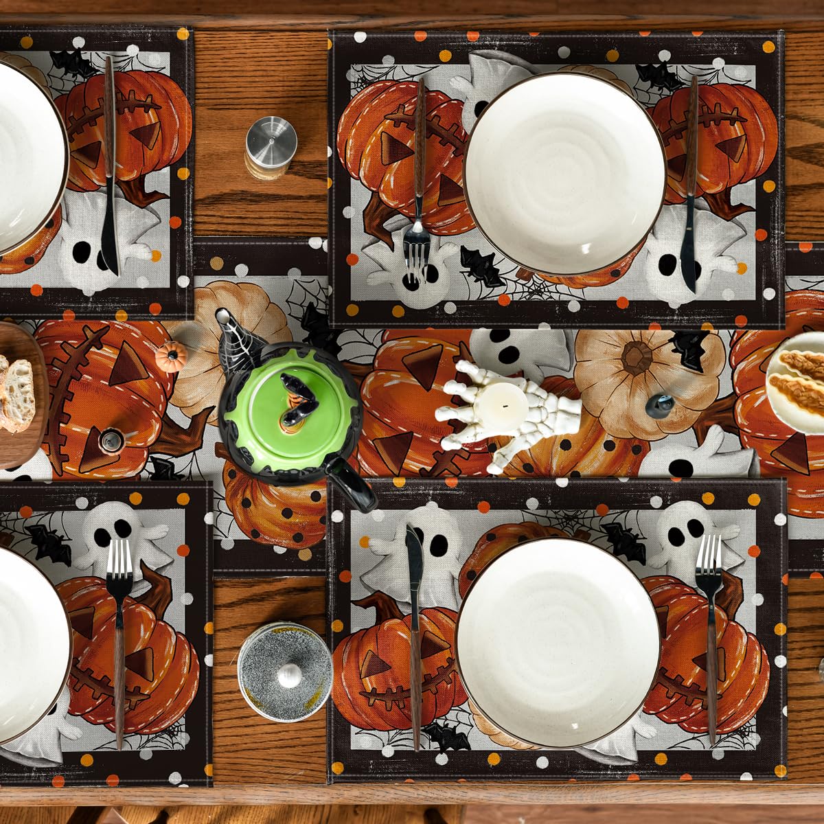 Artoid Mode Ghost Pumpkins Halloween Placemats Set of 4, 12x18 Inch Stripes Seasonal Table Mats for Party Kitchen Dining Decoration