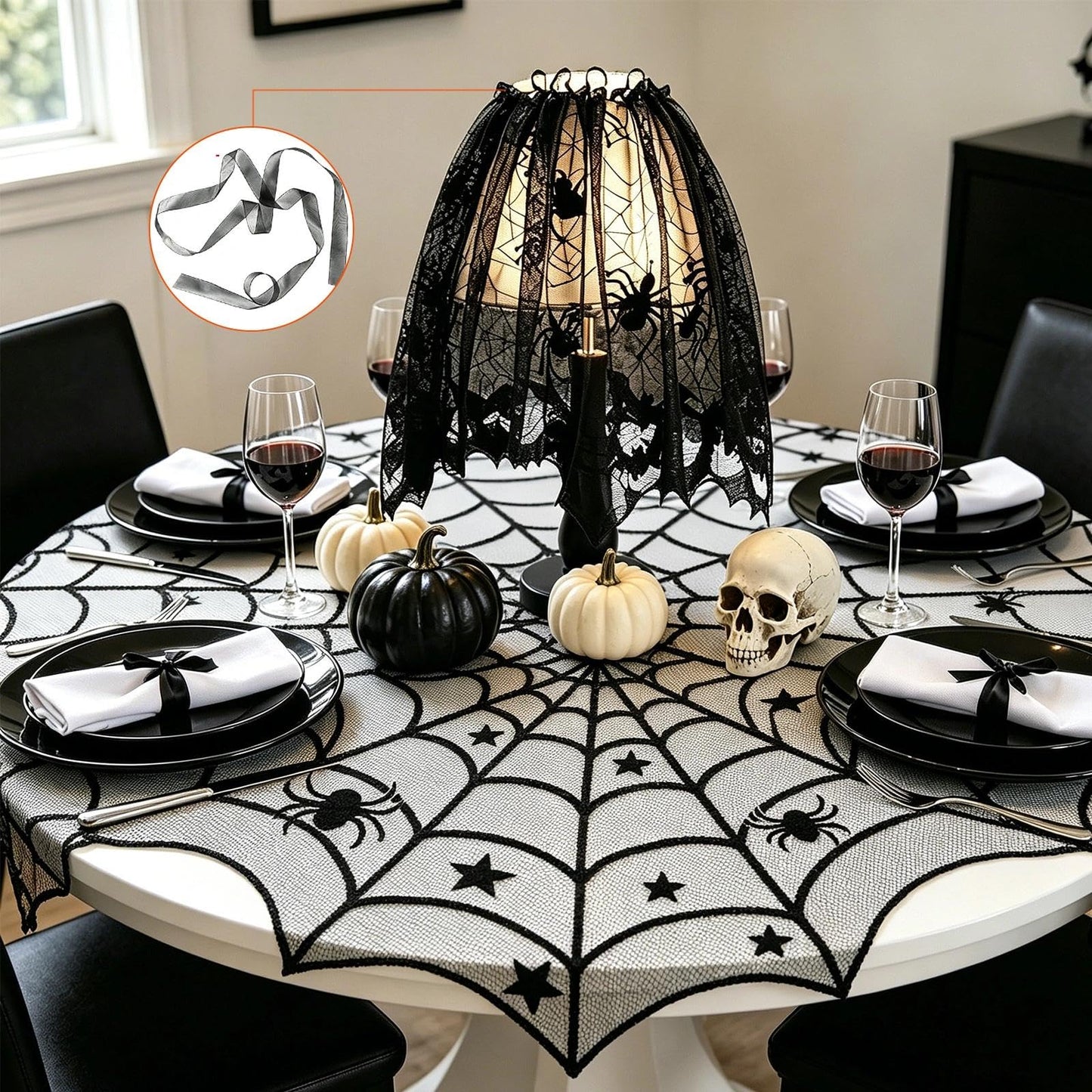 Zoonlinpp 5 Pack Halloween Decorations Indoor Black Lace Table Runner Fireplace Mantel Scarf Cover Spider Web Tablecloth Cobweb Lampshade with 32 Pcs Bat Wall Stickers Spooky Party Decor