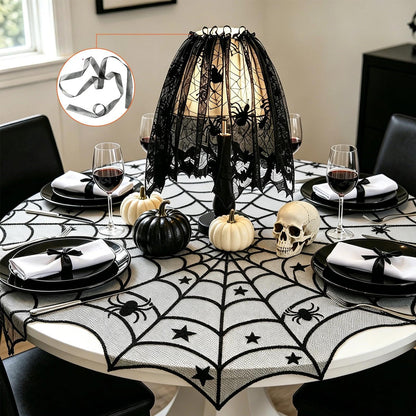 Zoonlinpp 5 Pack Halloween Decorations Indoor Black Lace Table Runner Fireplace Mantel Scarf Cover Spider Web Tablecloth Cobweb Lampshade with 32 Pcs Bat Wall Stickers Spooky Party Decor