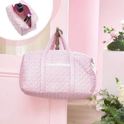Bulyoou 2 Pack Floral Travel Duffel Bag Large Quilted Travel Duffle Bag and Floral Makeup Pouch Portable Gym Lightweight Weekender Organizer with Zipper Pockets Grocery Pouch for Women(Pink)