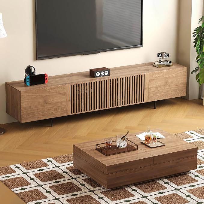 Mid-Century Modern 94.48" TV Stand and Expandable Coffee Table Set, Large Walnut Entertainment Center with Storage for Living Room and Bedroom Furniture Decor