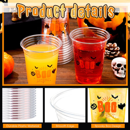 Tiangrid 100 Pcs Halloween Plastic Cups Bulk 16 oz Disposable Halloween Boo Party Cups Spooky Clear Plastic Glasses for Trick or Treat Scary Party Supplies Cold Drinks