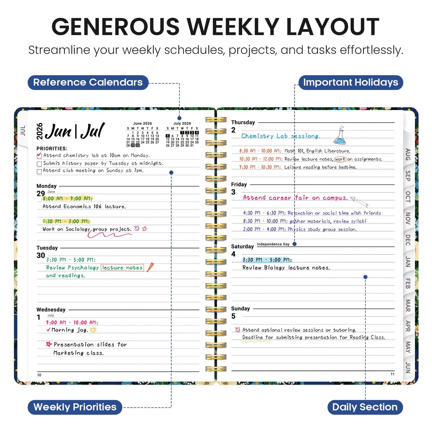 Planner 2026–2027, Weekly & Monthly Academic Organizer for School Year, Jul 2026–Jun 2027, Hardcover Planner with Tabs, Back to School Essential, 6.3" x 8.5", Wildflower Meadow