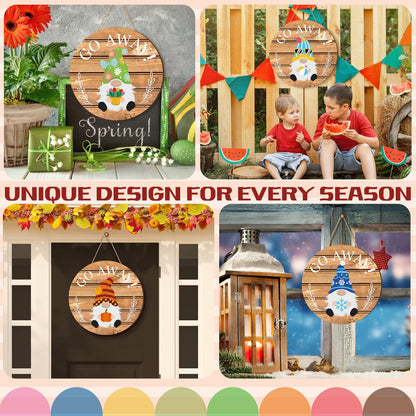 Seasonal Gnome Wall Decor Set, 11.8 inch Wooden Round Sign with Interchangeable Holiday Hats, Welcome Door Hanging (Delicate)