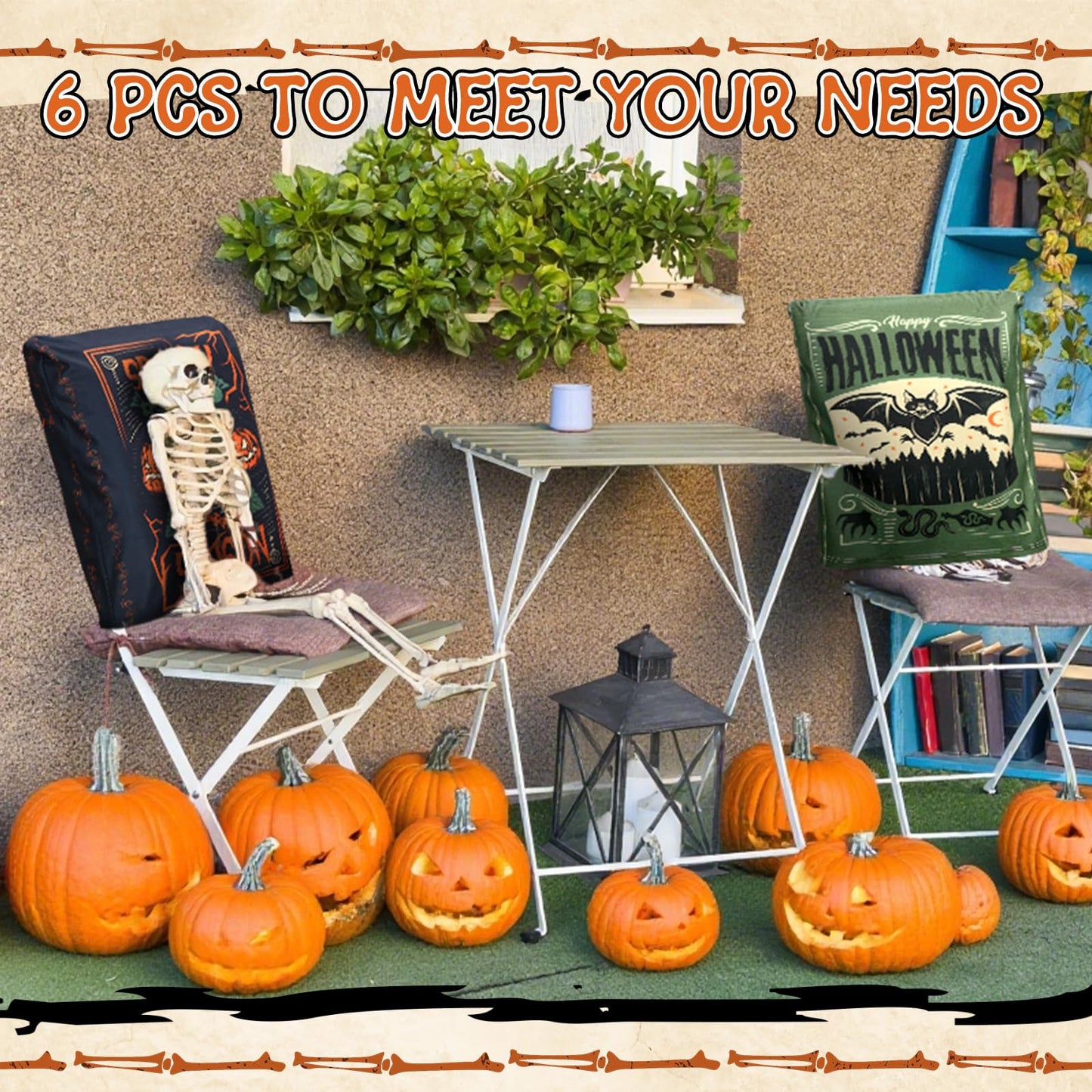 Moukeren 6 Pcs Halloween Chair Cover Set Gothic Halloween Decor Stretch Dining Chair Back Covers Witch Skeleton Pumpkin Black Cat Bat Seat Covers Farmhouse Dining Seat Protector for Home Kitchen Decor