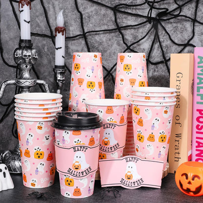 Whaline 50Pcs 16Oz Halloween Disposable Coffee Cups with Lids and Sleeves Pink Ghost Boo Pumpkin Paper Drinking Cup for Trick or Treat Birthday Party Supplies