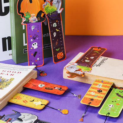 Pajean 24 Pcs Halloween Bookmarks, Ruler With Pumpkins, Ghost, Skulls Book Page Clips, Metal Charms for Classroom Rewards, Prizes, Holiday Party Favor Decorations