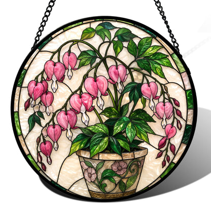 Stained Glass Window Hanging Sun Catcher Stained Glass Kit Style Pink Bleeding Heart Potted Floral Round Panel for Indoor Window Wall Garden Decor Gift