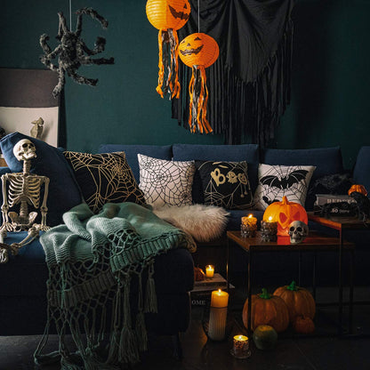 Phantoscope Set of 4 Happy Halloween Decorative Throw Pillow Covers, Handcrafted Embroidery Spider Web Black Bats and Cute Ghost Pillowcase Cushion Cover, Black and White, 18 x 18 inch, 45 x 45 cm