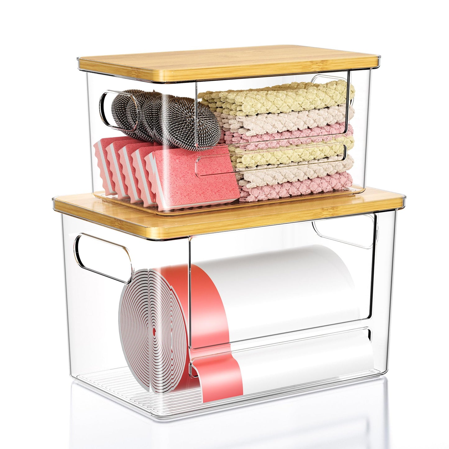 Trash Bag Dispenser 2 Pack, Acrylic Garbage Bags Dispenser with Bamboo Top, Extra Large Trash Bag Holder Dispensers Under Sink for Kitchen, Cabinet, Laundry Room, Pantry Organizer and Storage