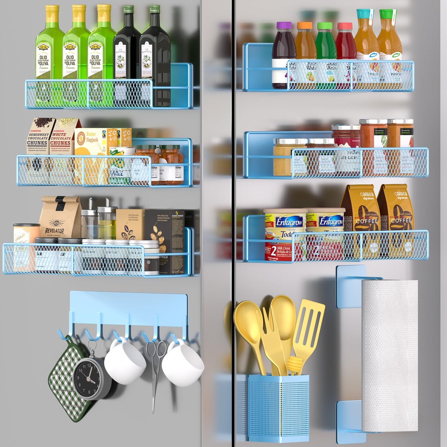 Magnetic Spice Rack for Refrigerator, 6 Pack 100% Metal Strong Magnet Shelf, Space Saving Spice Organizer, Home Kitchen Laundry Room Storage Organization W/ Paper Towel Holder, Utensils Racks (Grey)