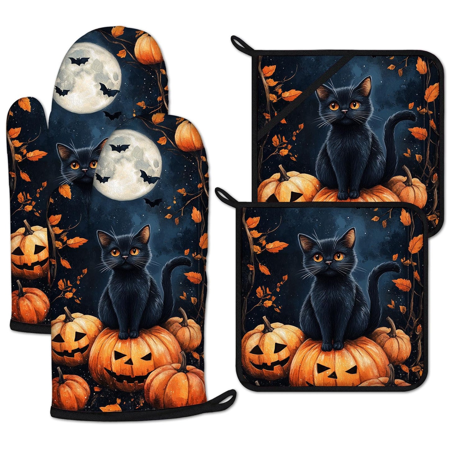 Halloween Black Cat Moon Pumpkin Oven Mitts and Pot Holders Set 4 Pcs Extra Long Heat Resistant Gloves Potholder for Baking, BBQ, Grilling
