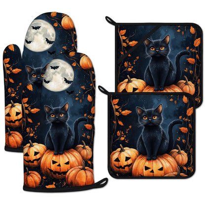 Halloween Black Cat Moon Pumpkin Oven Mitts and Pot Holders Set 4 Pcs Extra Long Heat Resistant Gloves Potholder for Baking, BBQ, Grilling