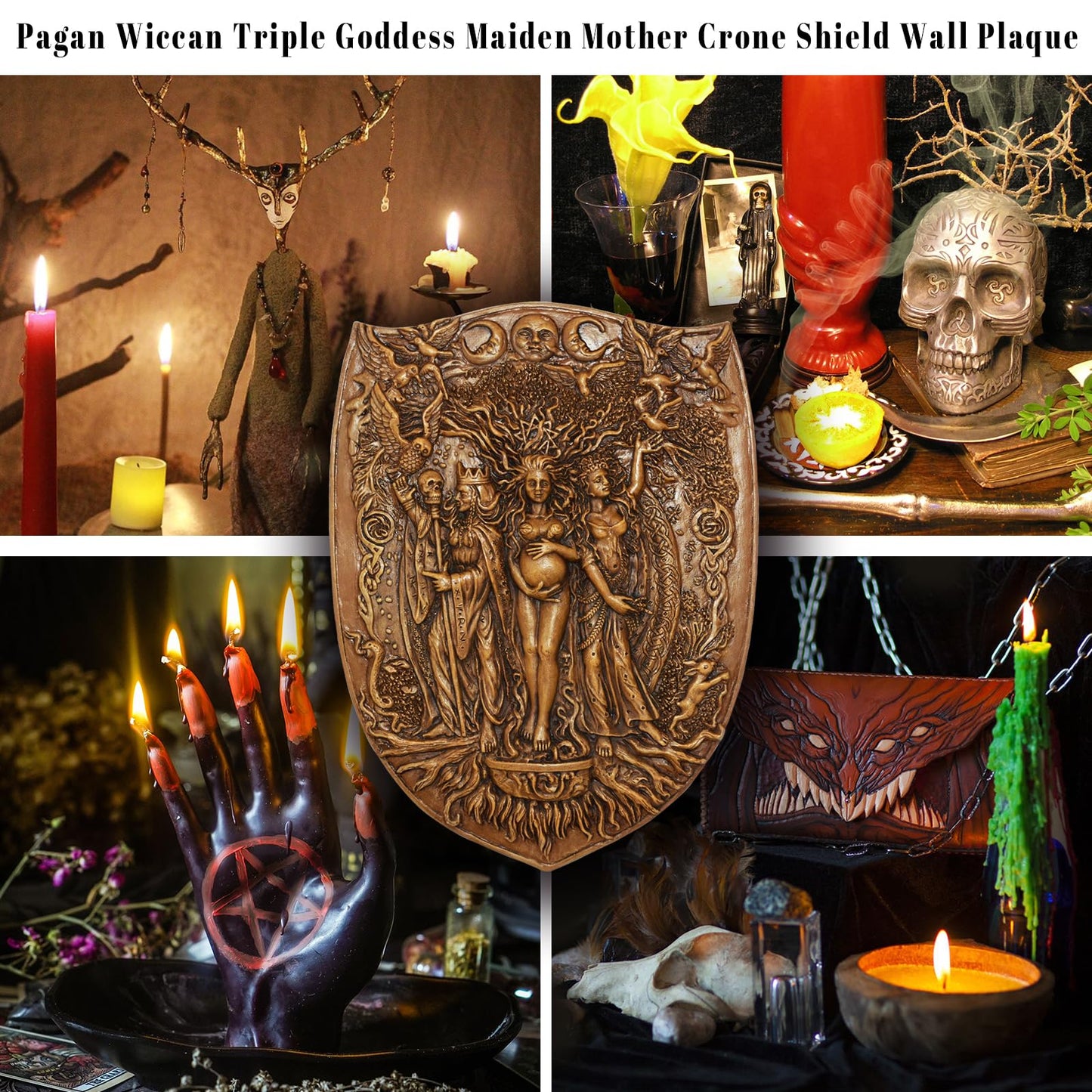 Pinra Triple Moon Wall Decor Pagan Wiccan Triple Goddess Maiden Mother Crone Shield Statue Celtic Wall Art Irish Feminism Gods Hanging Shield Wall Plaque Sculpture Khaki