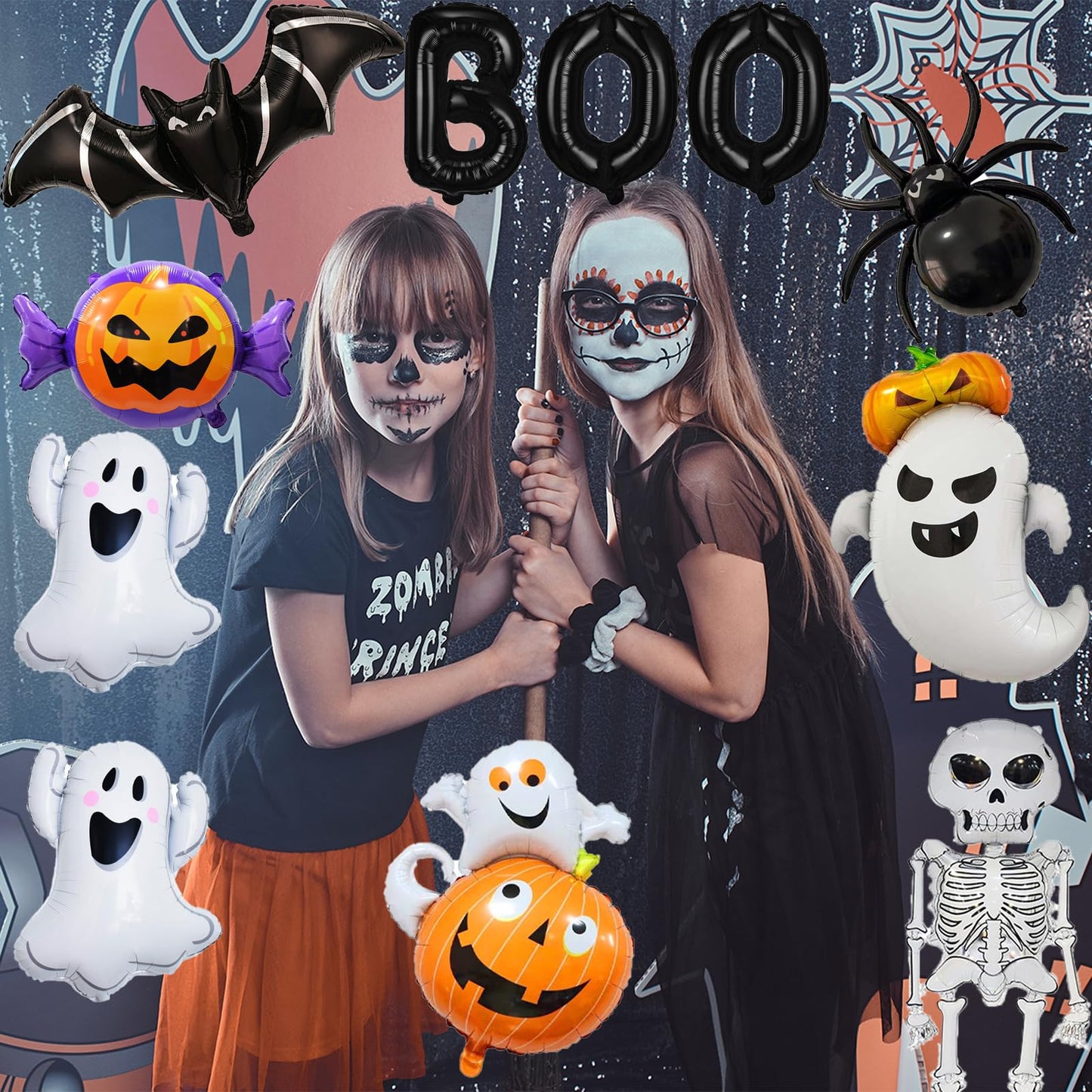Wecepar Halloween Party Decorations – 12Pcs Ghost Skeleton Pumpkin Bat Spider BOO Foil Balloons Set for Halloween Birthday Party Supplies