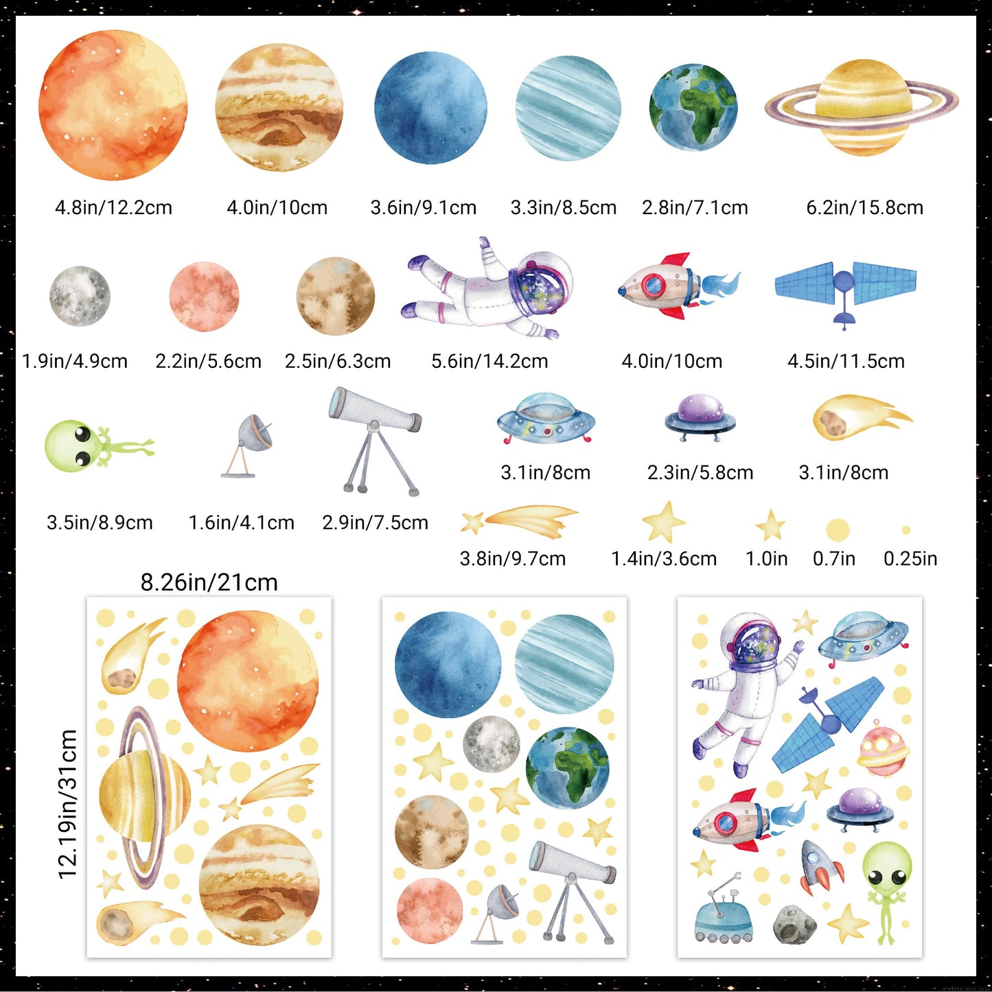 Watercolor Solar System Wall Decals, Glow in The Dark Stars, Kids Planets Sticker for Ceiling, Astronaut Wall Stickers for Bedroom, Green