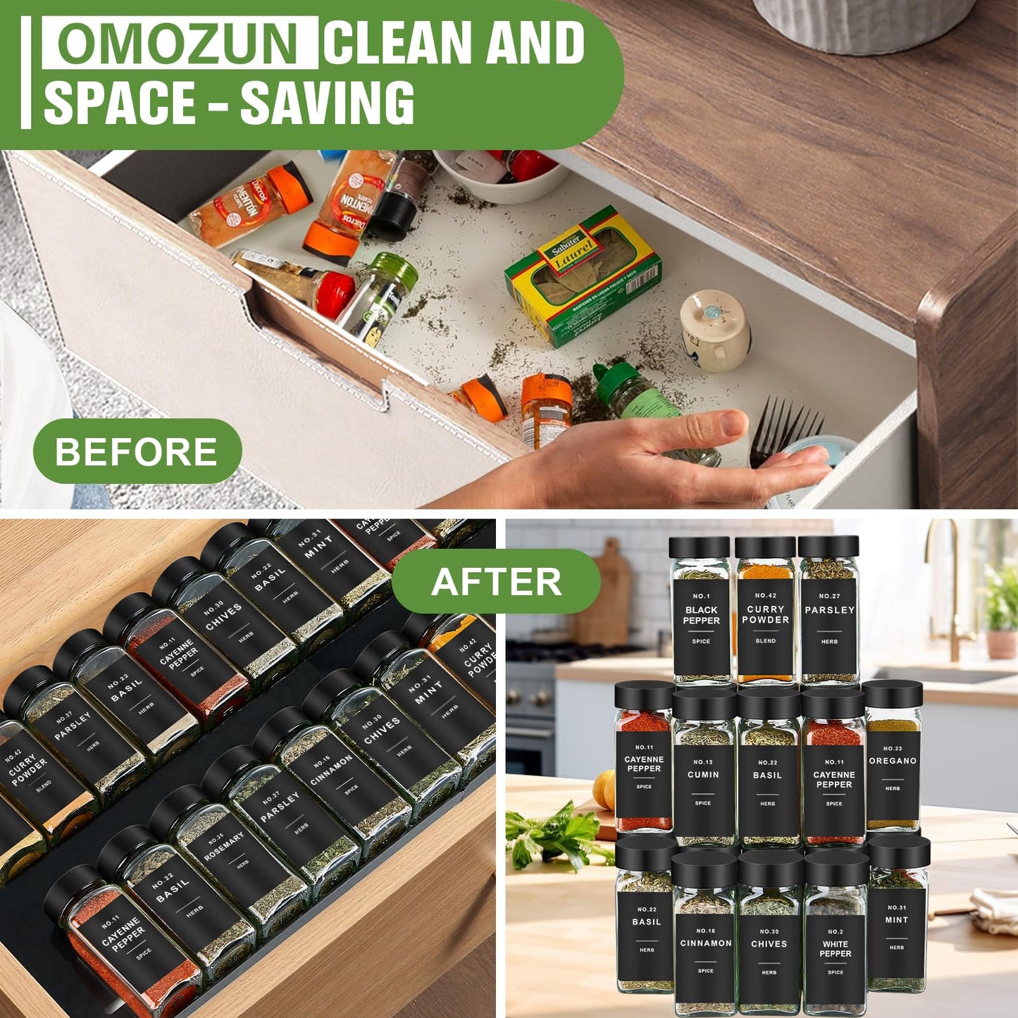 OMOZUN Spice Jars with Label, 24pcs 4oz Glass Spice Jars with Black Lids, Square Spice Containers with 304 Labels and Shaker Inserts, Empty Seasoning Bottles for Drawer, Cabinet, Seasoning Organizer