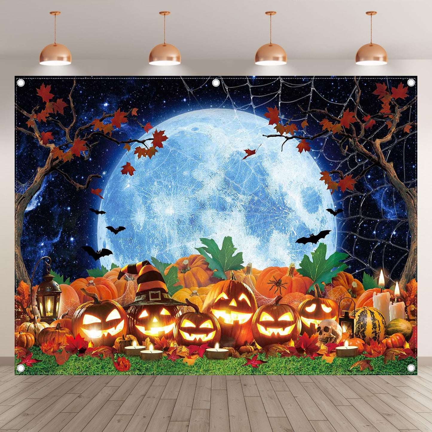 YCUCUEI 8x6ft Halloween Photography Backdrop Pumpkin Patch Starry Sky Moon Night Background Truck or Treat Party Decorations Kids Holiday Photo Banner
