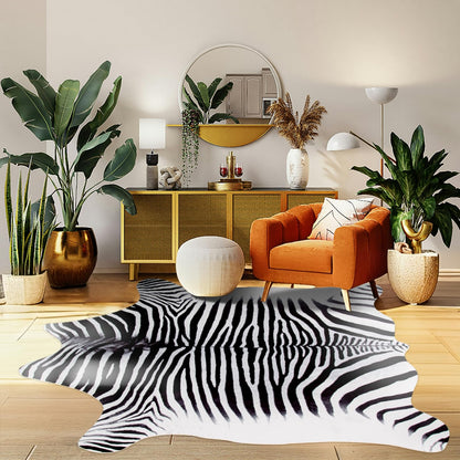 Kelilaicow Funky Zebra Print Area Rug‌ 6.2x7.5 FT Faux Cowhide Rug Non-Slip, No-Fur Durable Carpet for Living Room Bedroom, Pet-Friendly Nursery Kids Rug with Authentic Pattern