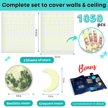 Glow in The Dark Stars for Ceiling - 1050 Pcs with Bonus Constellation E-Book & Moons | Glow in The Dark Stickers for Kids Room Decor Ceiling Stars (Blue) | LUMOSX