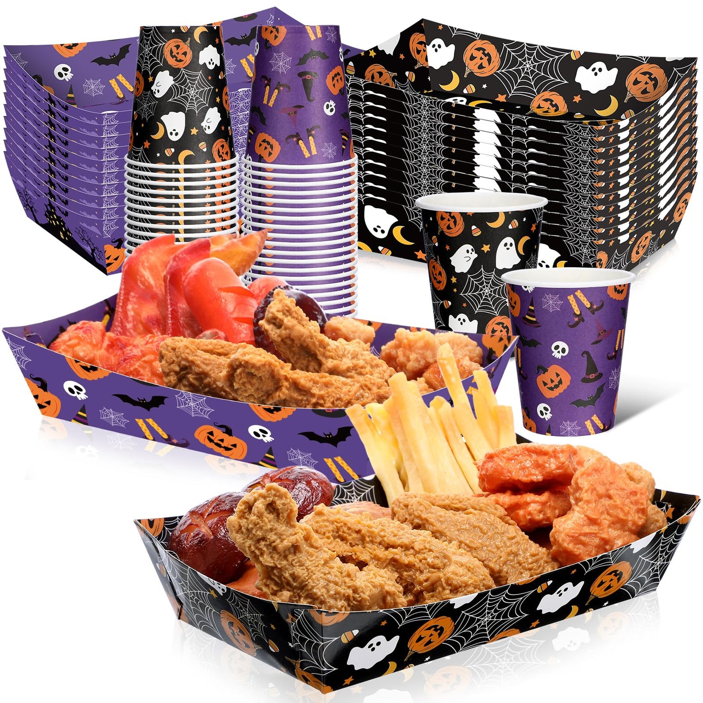Acellegic 100 Pcs Halloween Paper Disposable Tableware Paper Food Trays Serving Boats Snack Food Container 9 oz Pumpkin Ghost Bats Disposable Cups Black Purple Halloween Party Supplies Kit