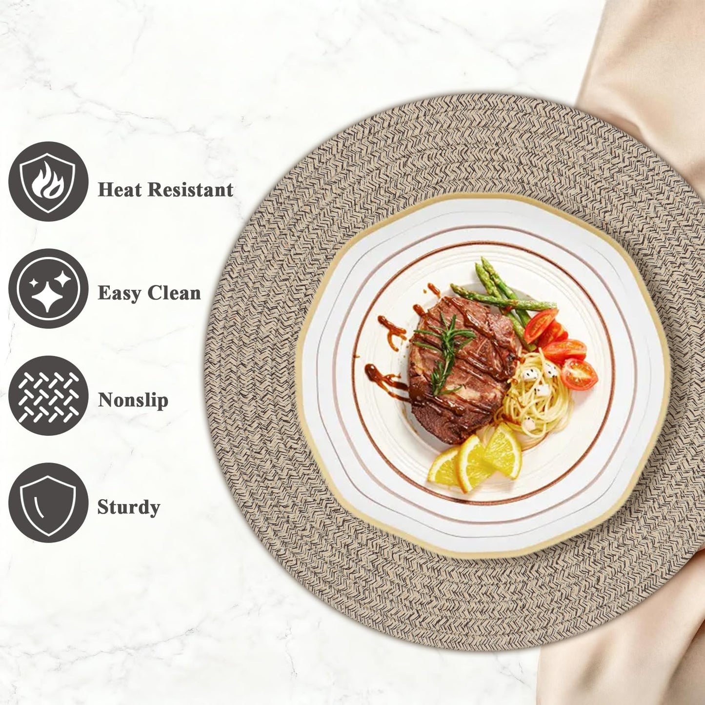 Round Placemats Set of 6, Cotton Rope Woven Table Mats, Hot Pads for Kitchen, Non Slip Heat Resistant Place Mats, 13 Inches Braided Placemat for Farmhouse Decor and Kitchen Table Decor (Brown)