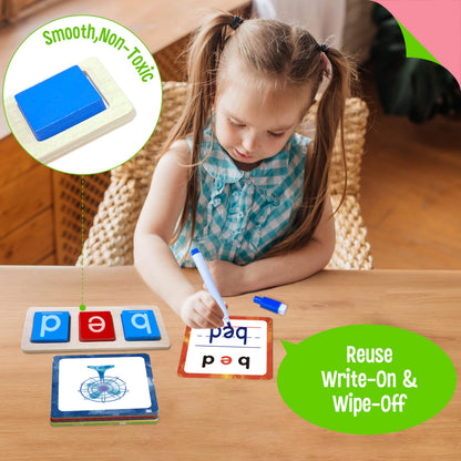 154 PCS Wooden CVC Word Spelling Game, Short Vowel Spelling Flashcards Sight Words Flash Cards Montessori Early Educational Toys for Preschool Kindergarten (5 Dry Erase Marker Included)