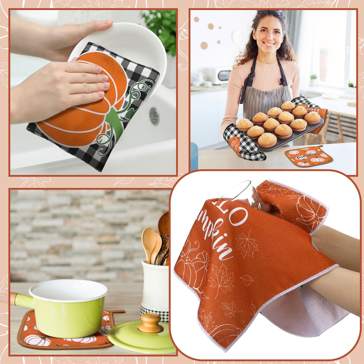 Leinuosen 6 Pack Fall Thanksgiving Kitchen Set with 2 Hello Pumpkin Dish Towels, 2 Pot Holders and 2 Buffalo Plaid Oven Mitts for Gifting, Baking and Cooking