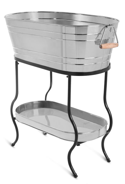 BirdRock Home Stainless Steel Beverage Tub with Stand - Oval - Bottom Tray - Party Drink Holder - Wooden Handles - Outdoor or Indoor Use - Free Standing