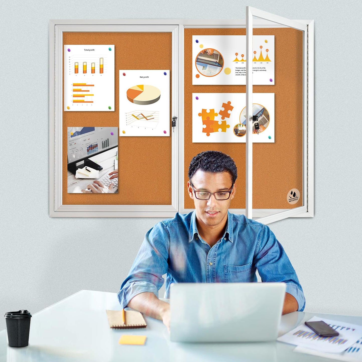 Lockable Outdoor Enclosed Bulletin Board, Weatherproof Cork Noticeboard with Locking Door, Wall-Mounted Aluminum Framed Display Case for Messages (Silver Frame & Cork, 44x32 in)