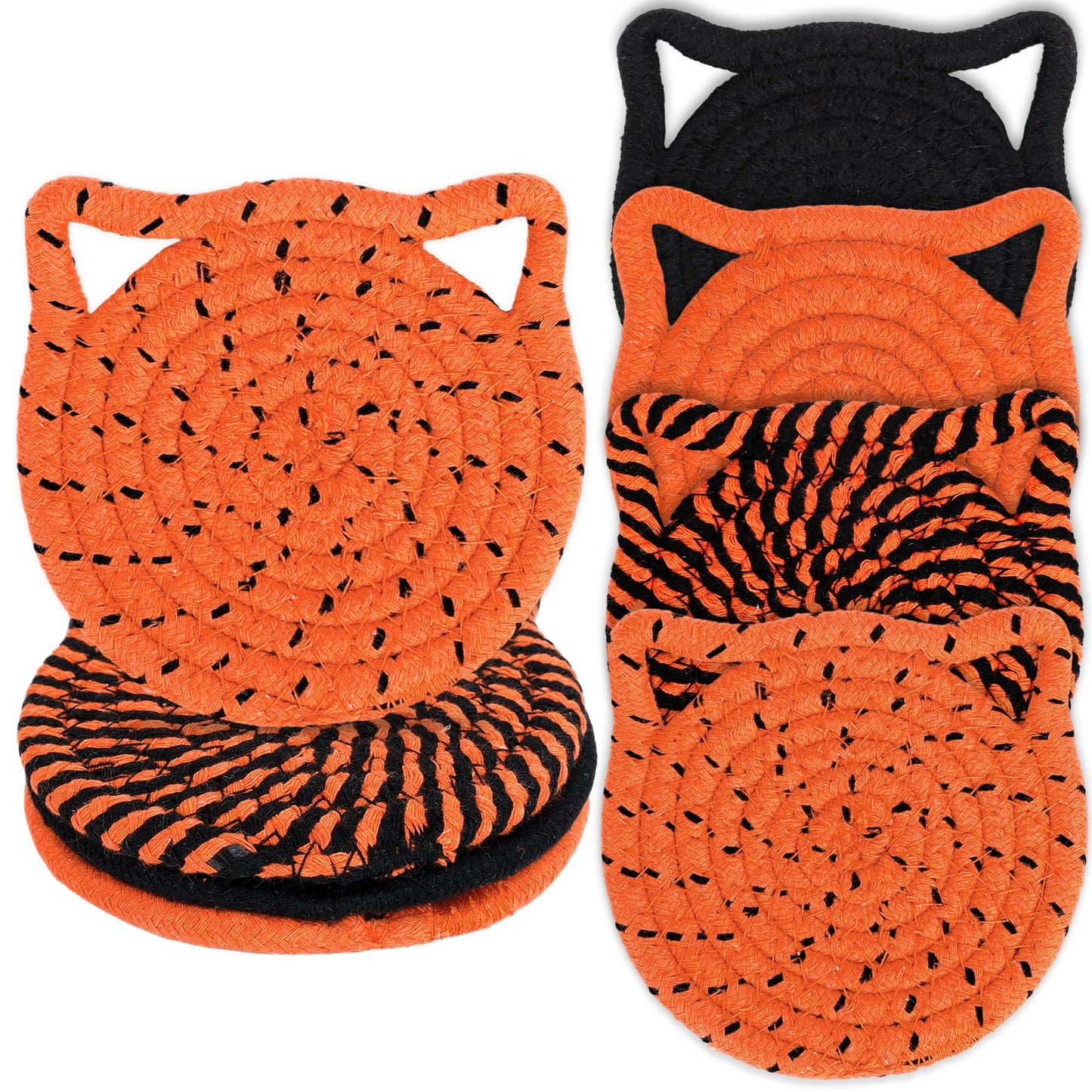 Whaline Halloween Cat Ear Shape Cotton Coasters Black Orange Cat Ear Handmade Braided Drink Coasters Absorbent Cup Mats for Trick or Treat Party Home Table Decor, Set of 4