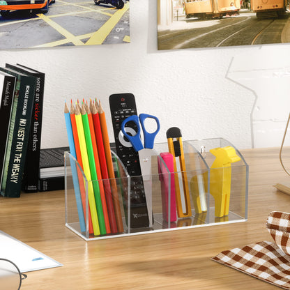 Hexsonhoma Acrylic Pen Holder Organizer 4 Compartments, Clear Makeup Brush Holder, No Drill Wall Mounting Pencil Holder for Office Accessories