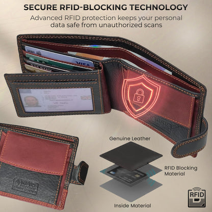 MORUCHA RFID Blocking Genuine Leather Wallet for Men – Slim Bifold Bull Leather Wallet with Coin Pocket, ID Window, 8 Card Slots – Premium Black/Brown Luxury Gift Box (Model #M75)