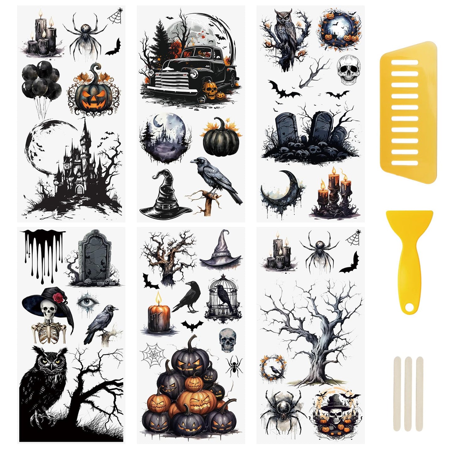 WANDIC 6 Sheets Halloween Rub on Transfer Stickers, Crow Ghost Bat Skull Transfer Stickers Decals Waterproof for Home Party DIY Crafts, 15x30cm