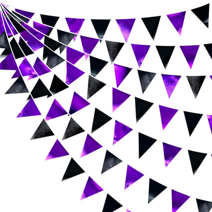 Purple and Black Party Decorations Metallic Fabric Triangle Pennant Banner Flag Bunting Garland for Graduations Birthday Retirement Wedding Baby Shower Bachelorette Halloween Outdoor Party Supplies