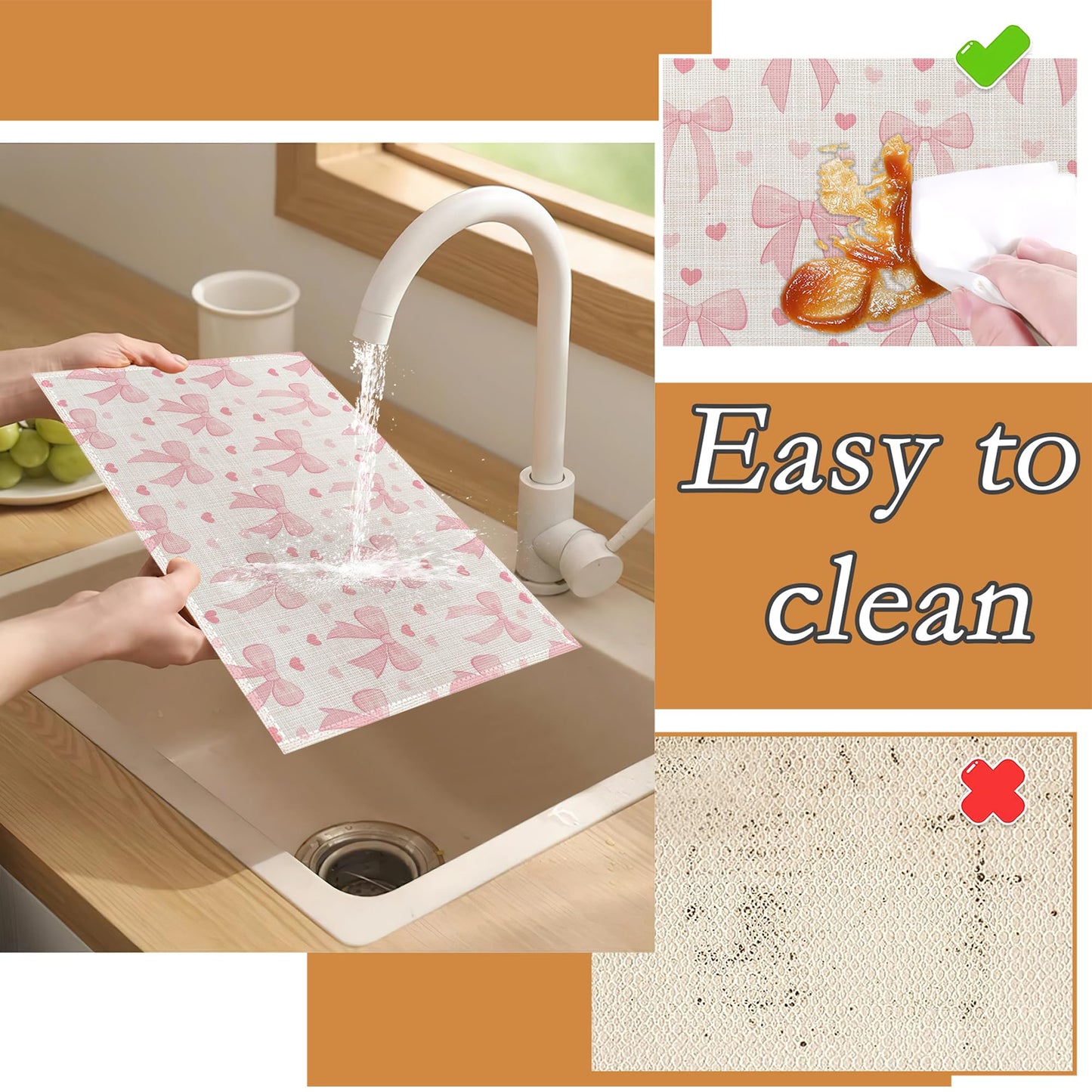 Placemats Set of 6,Cute Pink Bow Heart Heat Resistant Kitchen Table Mats for Indoor and Outdoor,Washable Wipe Clean Dining Placemat 12 x 18 Inches