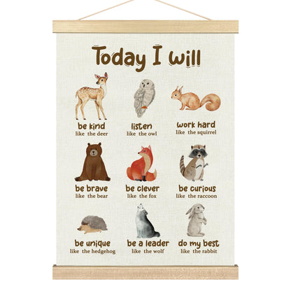 BCUANGD Positive Affirmations Wall Decor - Inspirational Woodland Animals Wall Art Poster Hanger with Wood Frames, Neutral Mental Health Wall Hanging Canvas Decor for Home Kids Room, 12x16 Inches