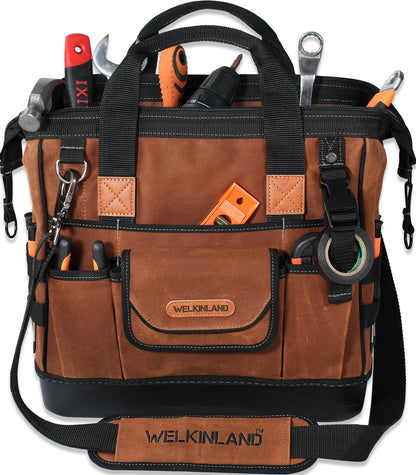 WELKINLAND 22-Pockets Hard Bottom Tool Bag, 14-Inch Waxed Canvas Tools Bag, 25L Heavy Duty Electrician Bags, HVAC Service Bags, Mechanic, Technician Tool Bag