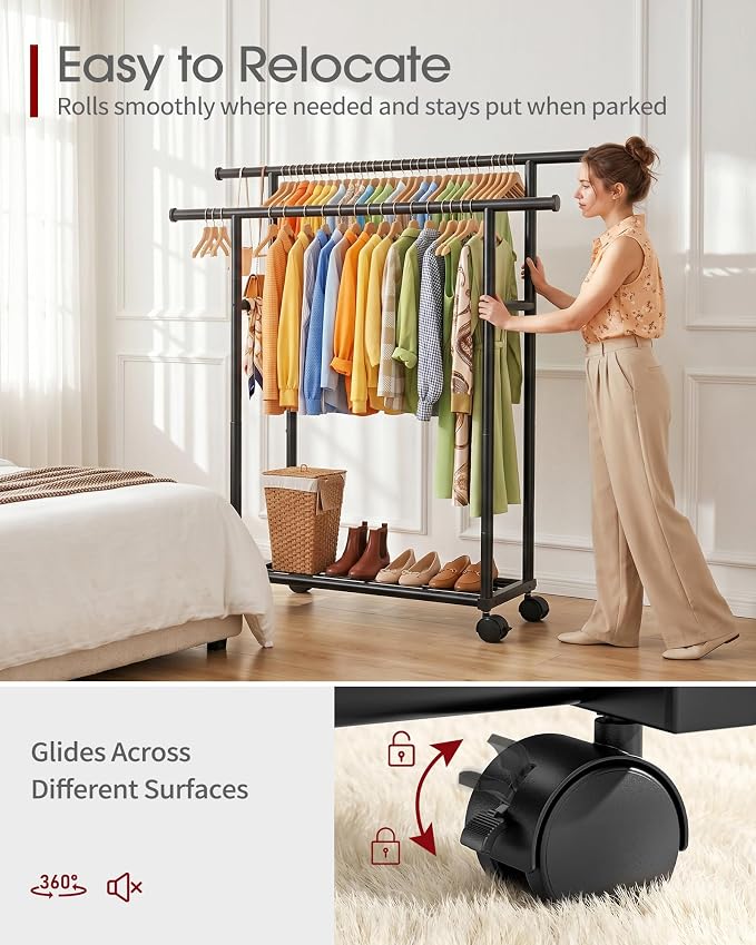 Sakugi Double Rods Clothes Rack - Metal Clothing Rack with Fixed Double Rods, Rolling Wheels & Built-In Shelf for Closet, Bedroom, Laundry Storage (39" x 17" x 60", Black)