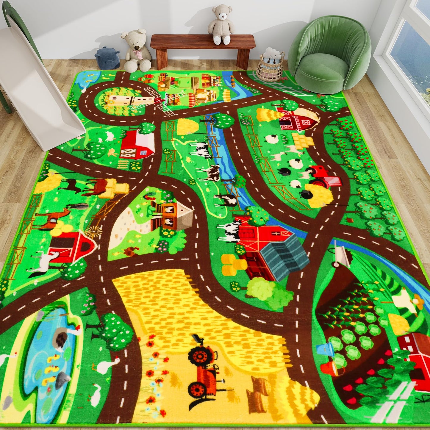 Kids Car Carpet,4'11" x 6'7" Car Rugs for Kids Toy Cars,Non-Slip Farmhouse Road Rug for Kid,Kid Room Race Track Rug,Pasture Track Mat Car Play Rugs for Playroom Bedroom Boys(for Age 2+)