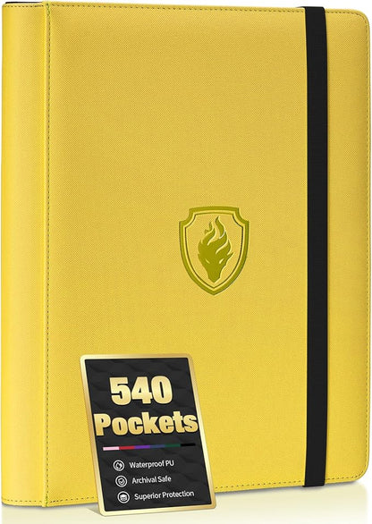 Premium 9 Pocket Card Binder for 540 Cards, Fabmaker PU Cover Trading Card Binder, Sturdy Card Collection Album, Sleek Card Holder Folders for Game Cards & Sports Cards, Yellow