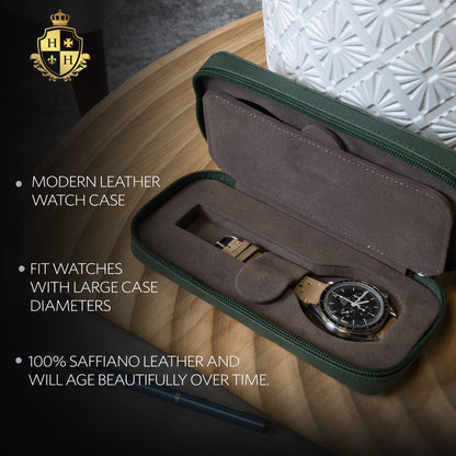 HOUSEOFHIGGINS Double Travel Watch Case - Holds 2 Watches - Saffiano Leather - Soft Microfiber Lining, Fits Up to 42mm Watches - Reliable Storage for Home or Travel