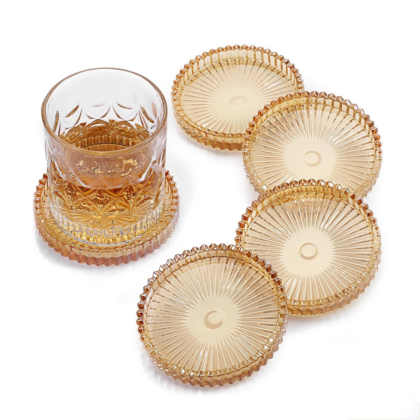OGANAZI Modern Clear Coasters Set of 5- Glass Cute Coasters for Drinks Crystal Coaster Round Chic Cup Mat Cute Coffee Table Coaster for Kitchen, Bar, Dining Room, Living Room, Patio(Amber)