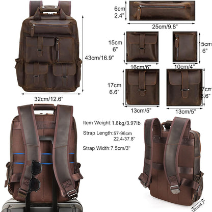 Masa Kawa Leather Backpack for Men Vintage 15.6 Inch Laptop Bag Multi Pockets Casual Travel Daypack Brown