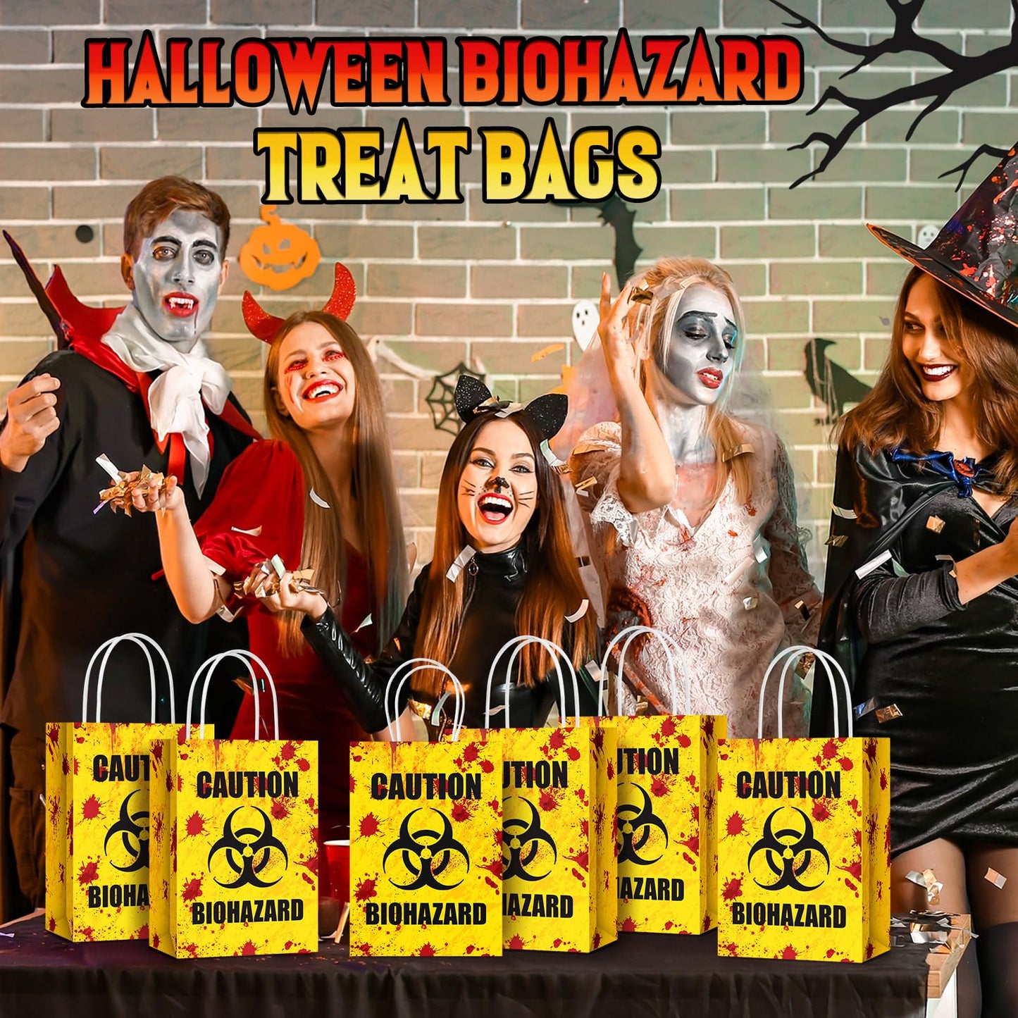 TaoBary 24 Pcs Halloween Biohazard Treat Bags Halloween Paper Gift Bags with Handles Zombie Theme Horror Party Favors for Candy Goodie Snacks Holiday Party Supplies