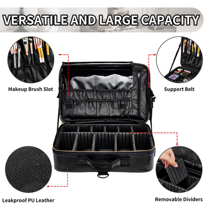 gzcz Large Capacity Travel Makeup Case Organizer,Professional Cosmetic Bags for Women,Waterproof PU Leather Makeup Bag with Adjustable Dividers and Shoulder Strap for Brushes and Jewelry
