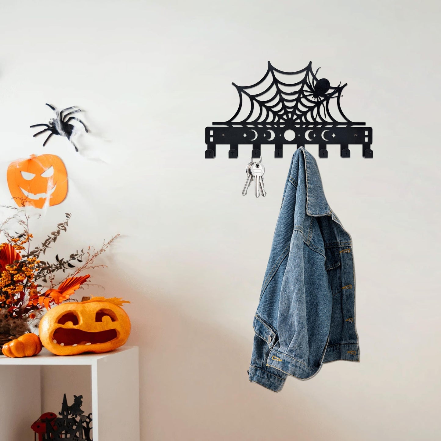 Gothic Spider Web Over The Door Hooks - 8-Hook Set with Moon Phase & Cross Design for Halloween Spooky Bathroom Decor | Metal Towel Hanger for Goth Home Accessories | Halloween Gothic Wall Organizer