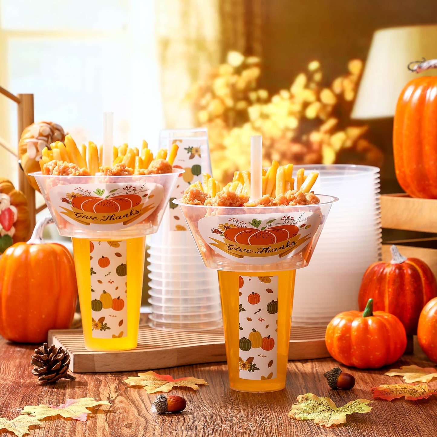 SiliFine 25 Sets of Thanksgiving Pumpkin Party Drink and Snack Cup with Straws Fall Disposable Plastic Tumbler with Snack Bowl Cup Thanksgiving Combo for French Fries Fried Chicken Fruit