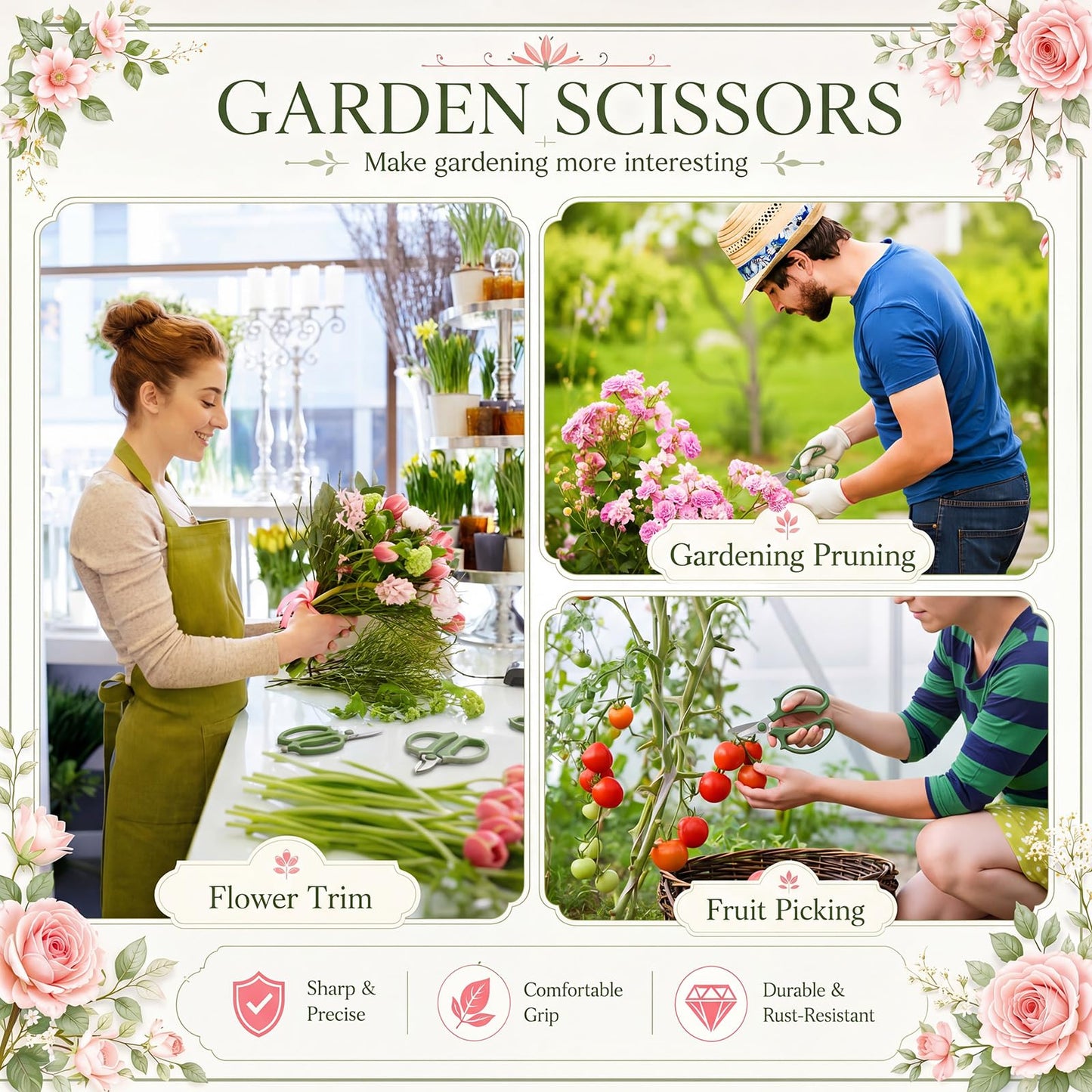 Kigeli 8 Pieces Garden Flower Scissors Floral Shears Garden Pruning Shears with Comfortable Handles for Flower Arrangement Fruit Picking Trimming Household (Green)